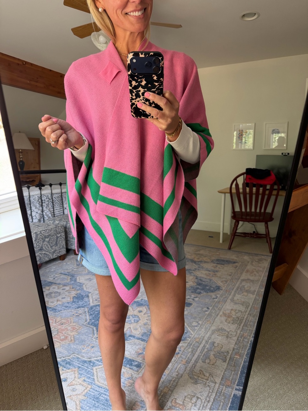 Pink & Green Knit Wrap with Striped Detail